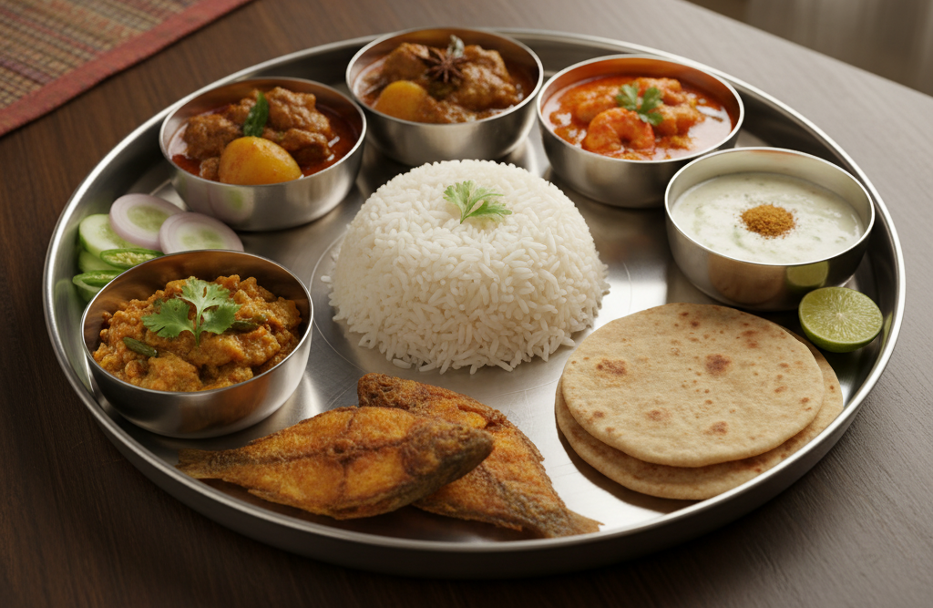 Non-vegetarian thali platter with fried fish, curries, rice, and roti
