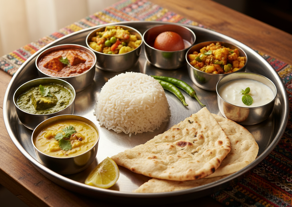 A beautifully plated vegetarian thali from Laxmi Catering